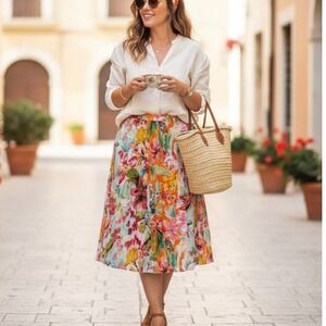 Avenue Floral Midi Skirt Womens 22/24 Multi Crinkle Rayon Boho Elastic Waist